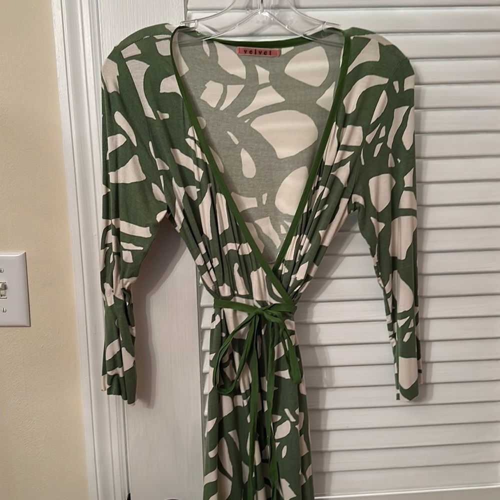 Velvet green and white wrap dress size small